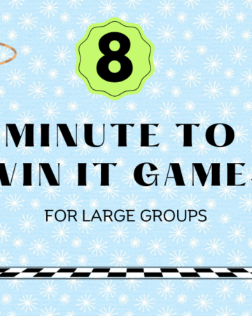 Minute to win it games with light blue background with white starts and graphics of hula hoops, masking tape, twine, tooth picks, balloons, cups, plastic rings and finish line