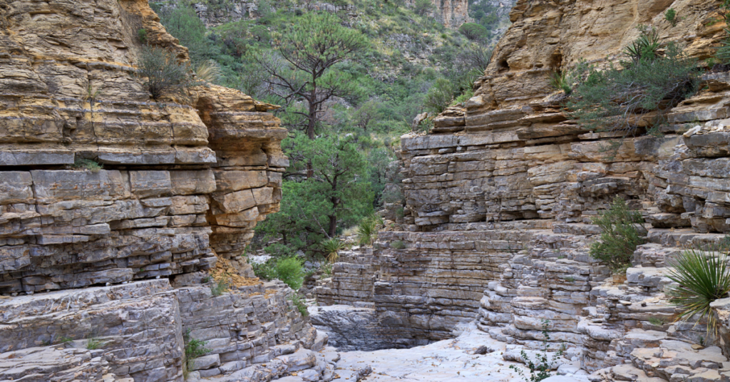 The trail through devil’s hall that stacked rock formations on both sides of the canyon, great for hikes with kids in Guadalupe mountain national park