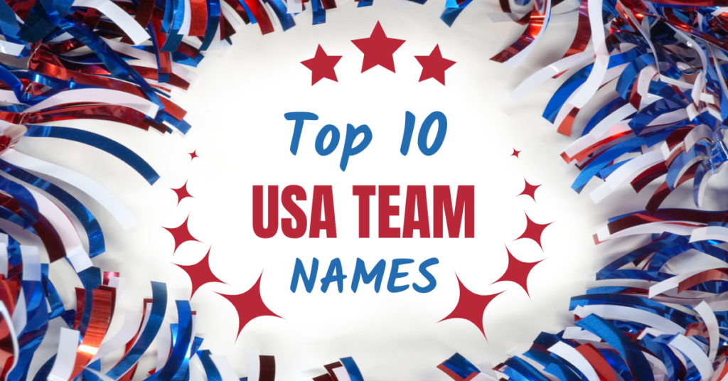 USA team names Red, white an blue pom-poms surrounding text with red stars